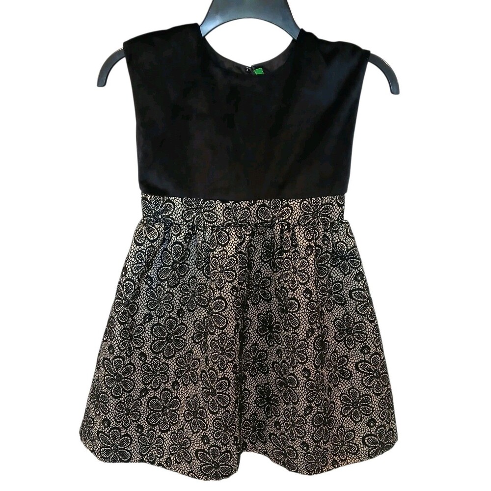 United Colors Of Benetton Girls Velvet Floral Black Gold Church  Dress Medium